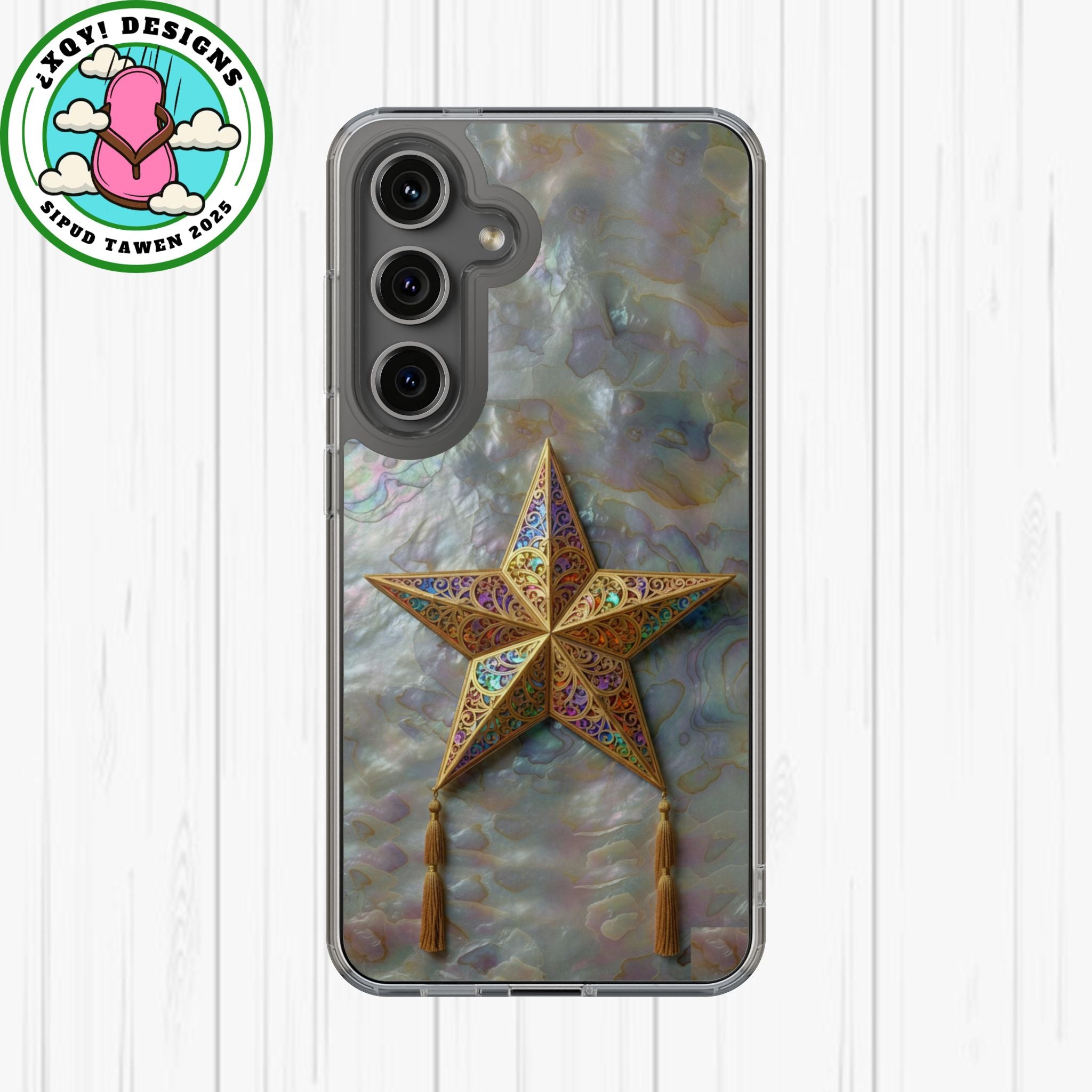Golden Star Ornament Phone Case Mother of Pearl Background Nacre Texture Festive Celestial Decor Parol Inspired Shimmering Pearl Shell Gift