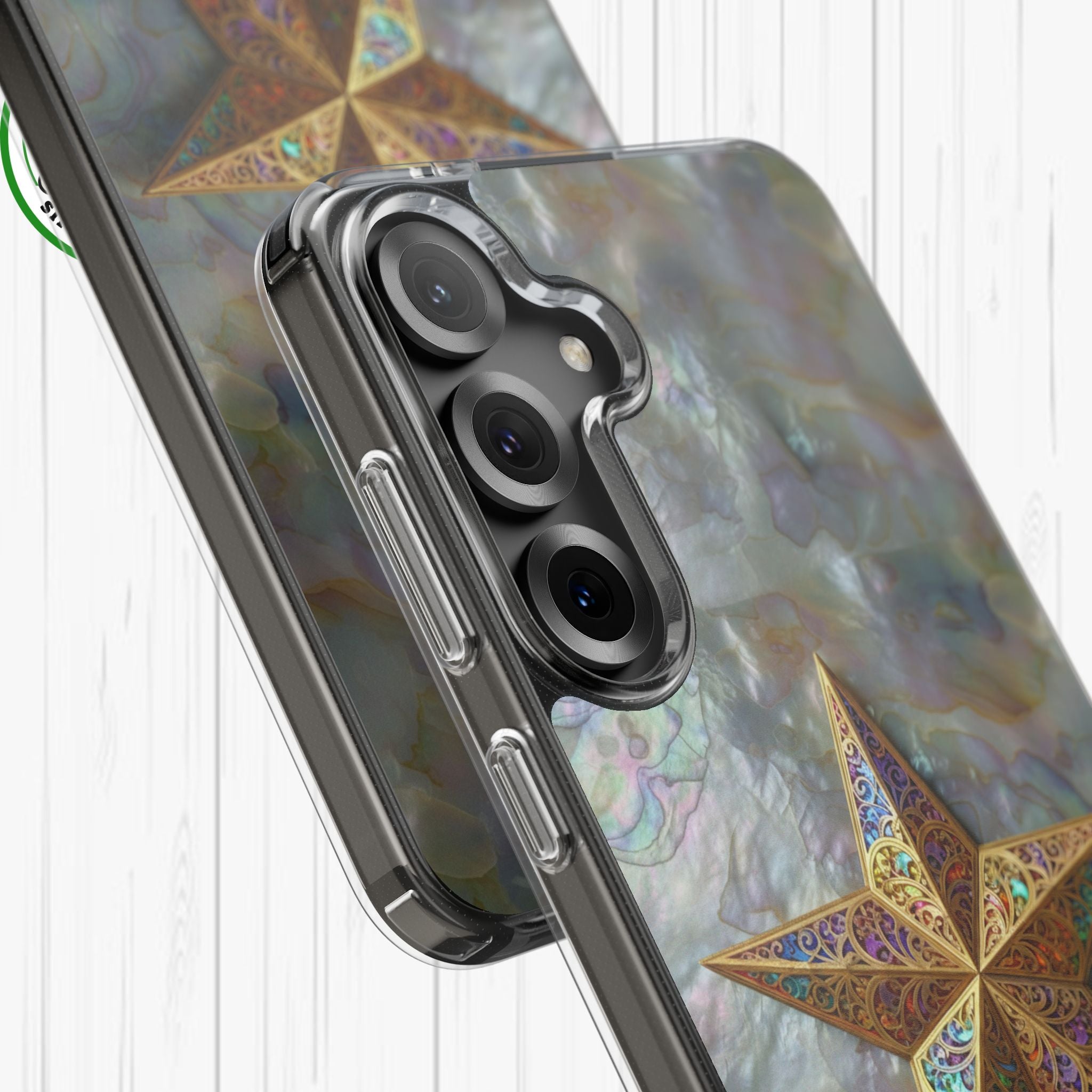 Golden Star Ornament Phone Case Mother of Pearl Background Nacre Texture Festive Celestial Decor Parol Inspired Shimmering Pearl Shell Gift