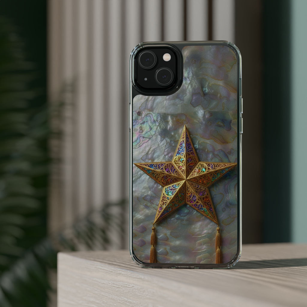 Golden Star Ornament Phone Case Mother of Pearl Background Nacre Texture Festive Celestial Decor Parol Inspired Shimmering Pearl Shell Gift