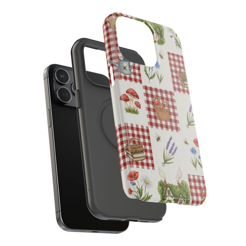Red Gingham Check Phone Case Rustic Farmhouse Theme Watercolor Countryside Print Whimsical Floral Cell Phone Cover