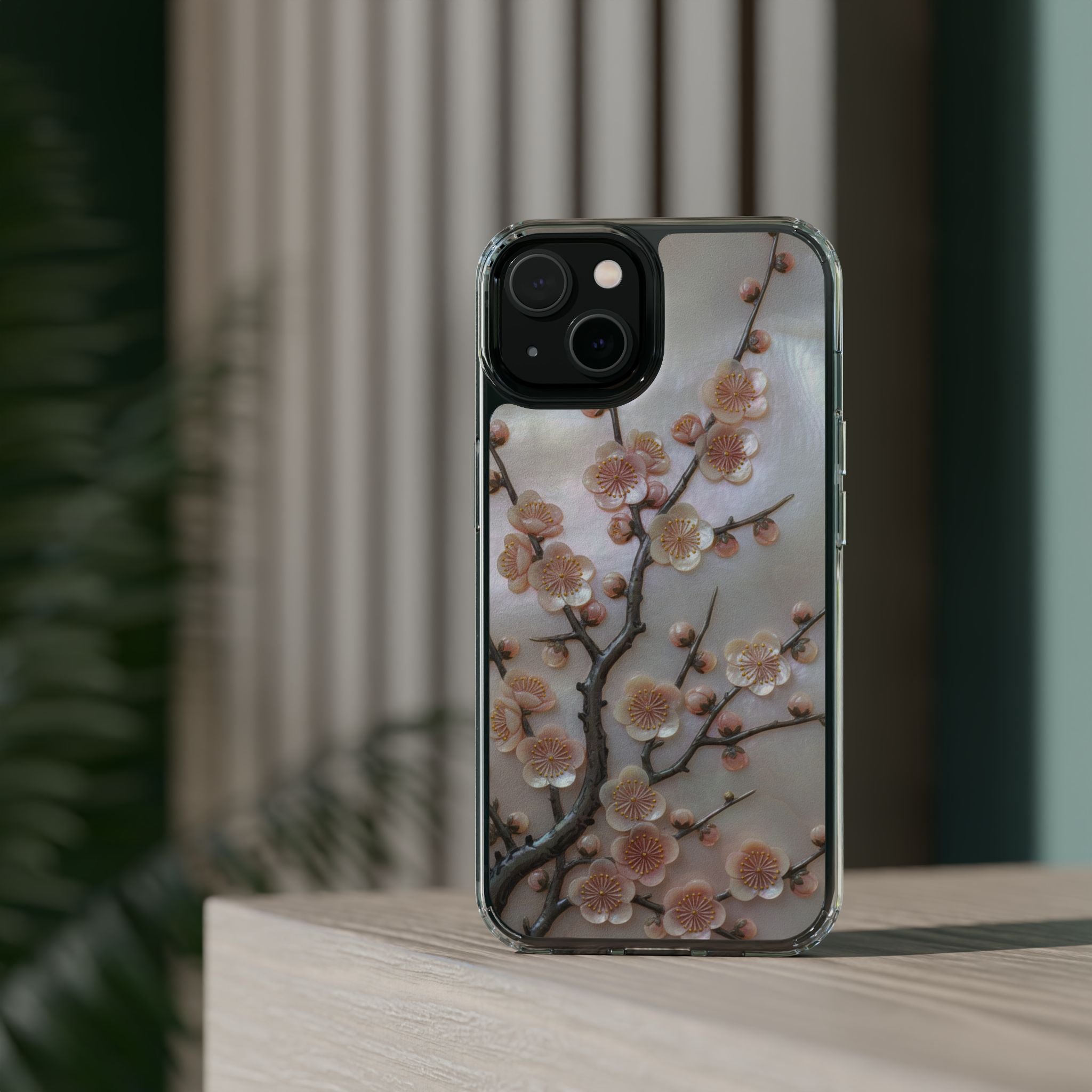Mother of Pearl Plum Blossom Art Phone Case Nacre Flower Wall Decor Design Iridescent Shell Art Inlay Shimmering Spring Panel Floral Cover