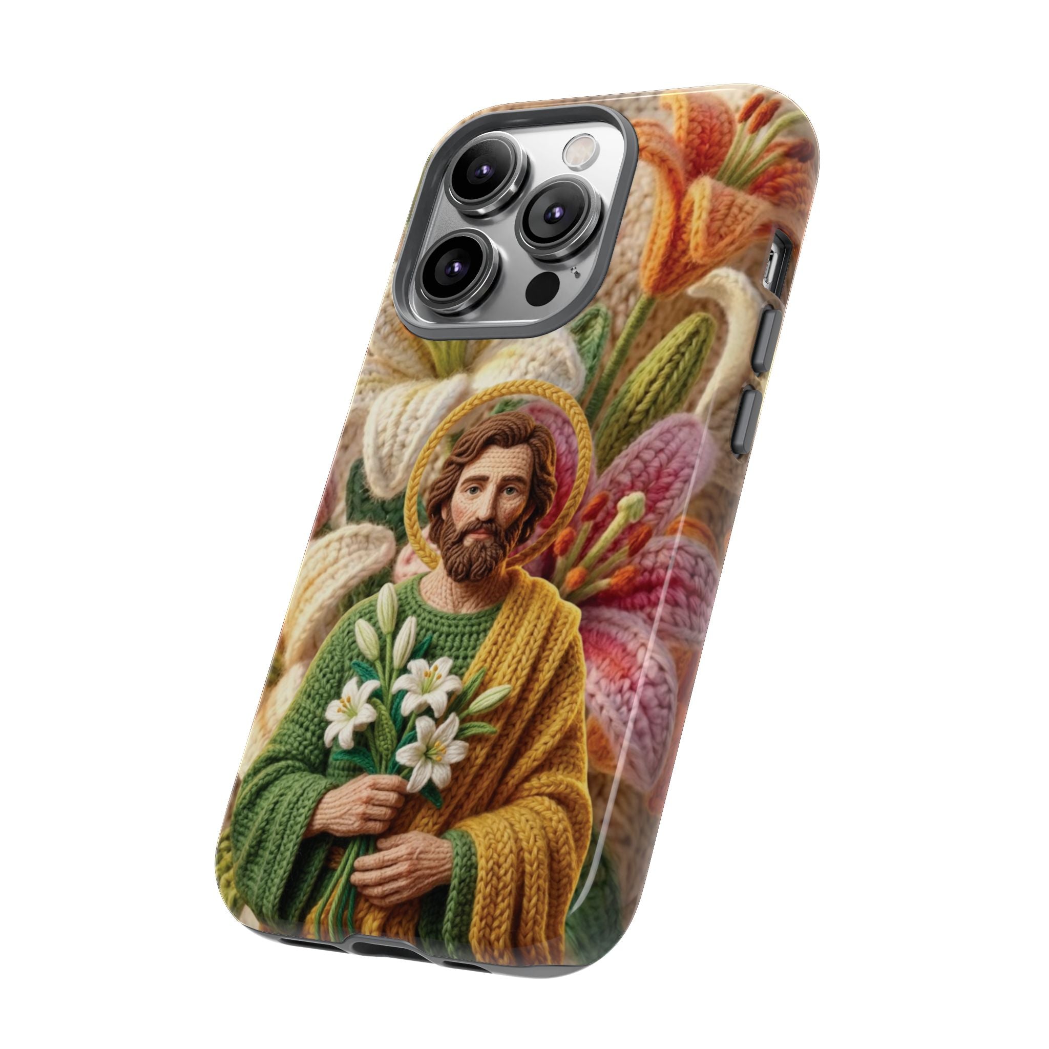 Phone Case Saint Joseph Lilies Design Holy Figure Phone Cover Faith Based Faux Yarn Saint of Workers Gift Samsung iPhone Pixel Models