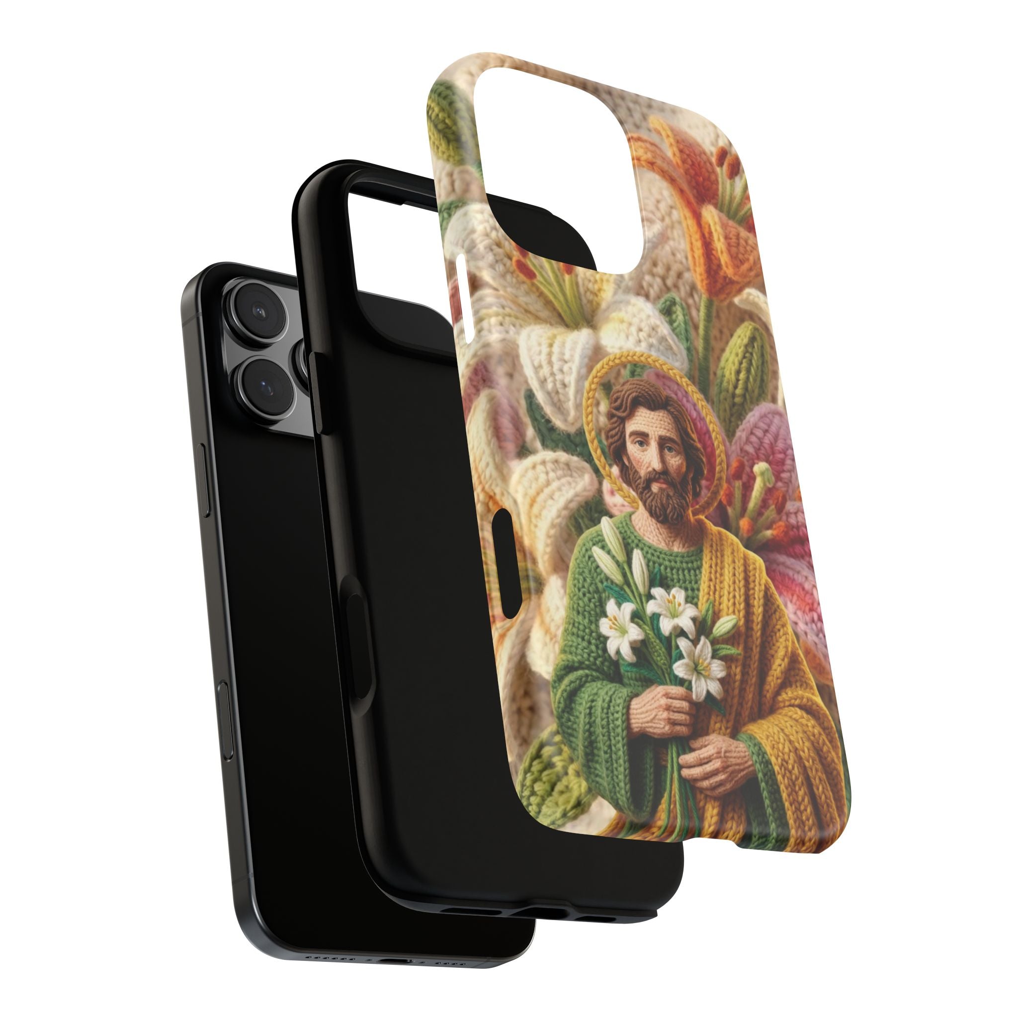 Phone Case Saint Joseph Lilies Design Holy Figure Phone Cover Faith Based Faux Yarn Saint of Workers Gift Samsung iPhone Pixel Models