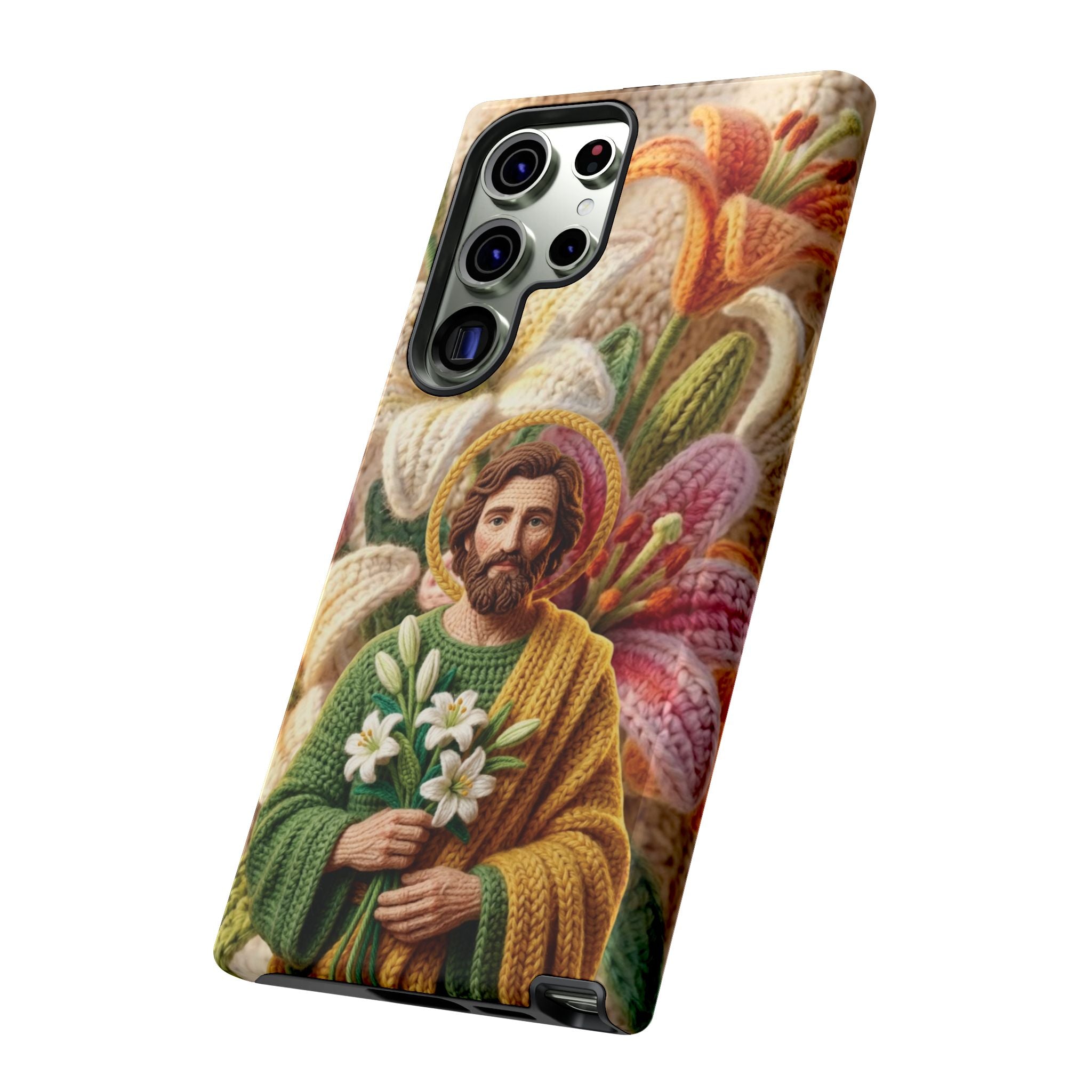 Phone Case Saint Joseph Lilies Design Holy Figure Phone Cover Faith Based Faux Yarn Saint of Workers Gift Samsung iPhone Pixel Models