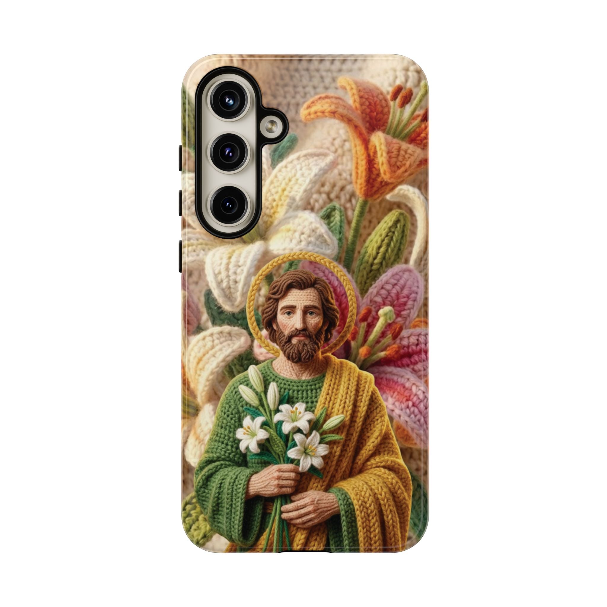 Phone Case Saint Joseph Lilies Design Holy Figure Phone Cover Faith Based Faux Yarn Saint of Workers Gift Samsung iPhone Pixel Models