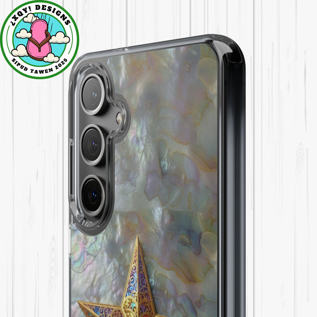 Golden Star Ornament Phone Case Mother of Pearl Background Nacre Texture Festive Celestial Decor Parol Inspired Shimmering Pearl Shell Gift
