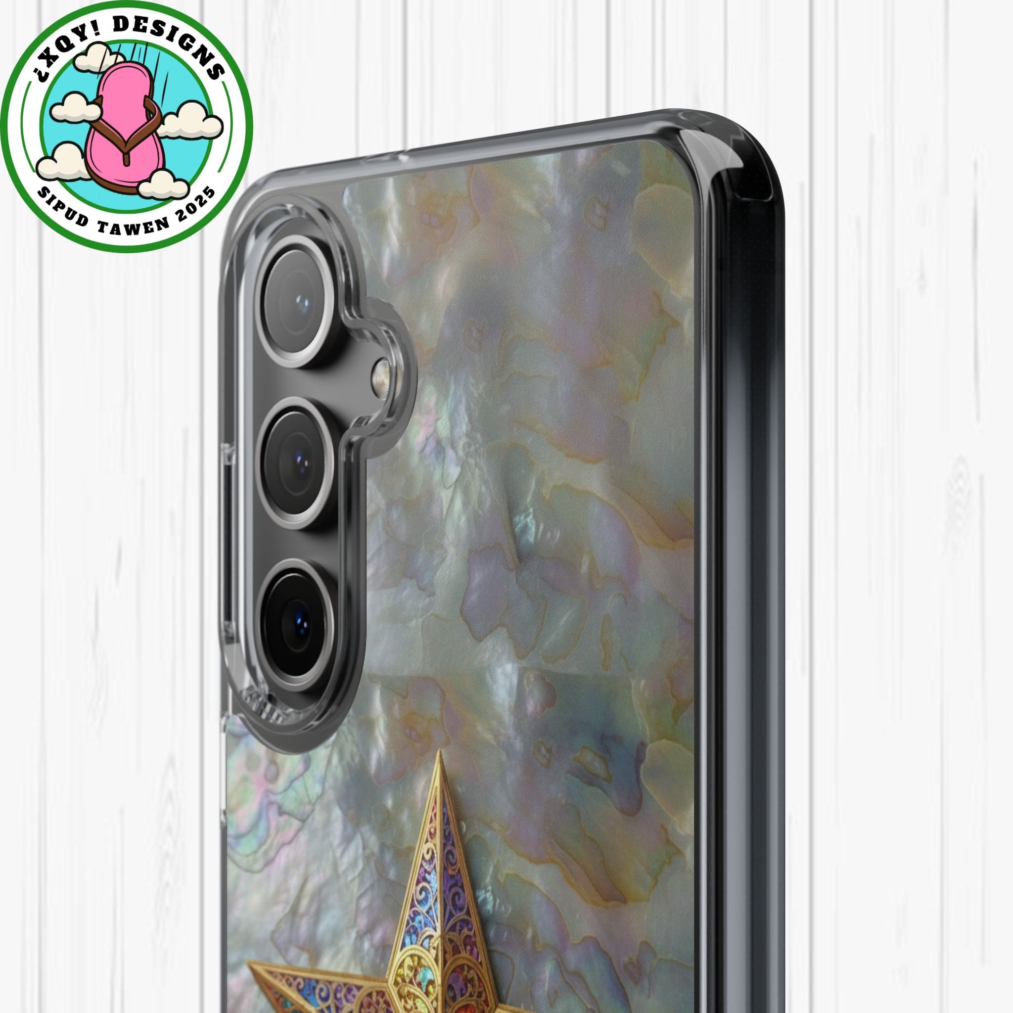 Golden Star Ornament Phone Case Mother of Pearl Background Nacre Texture Festive Celestial Decor Parol Inspired Shimmering Pearl Shell Gift