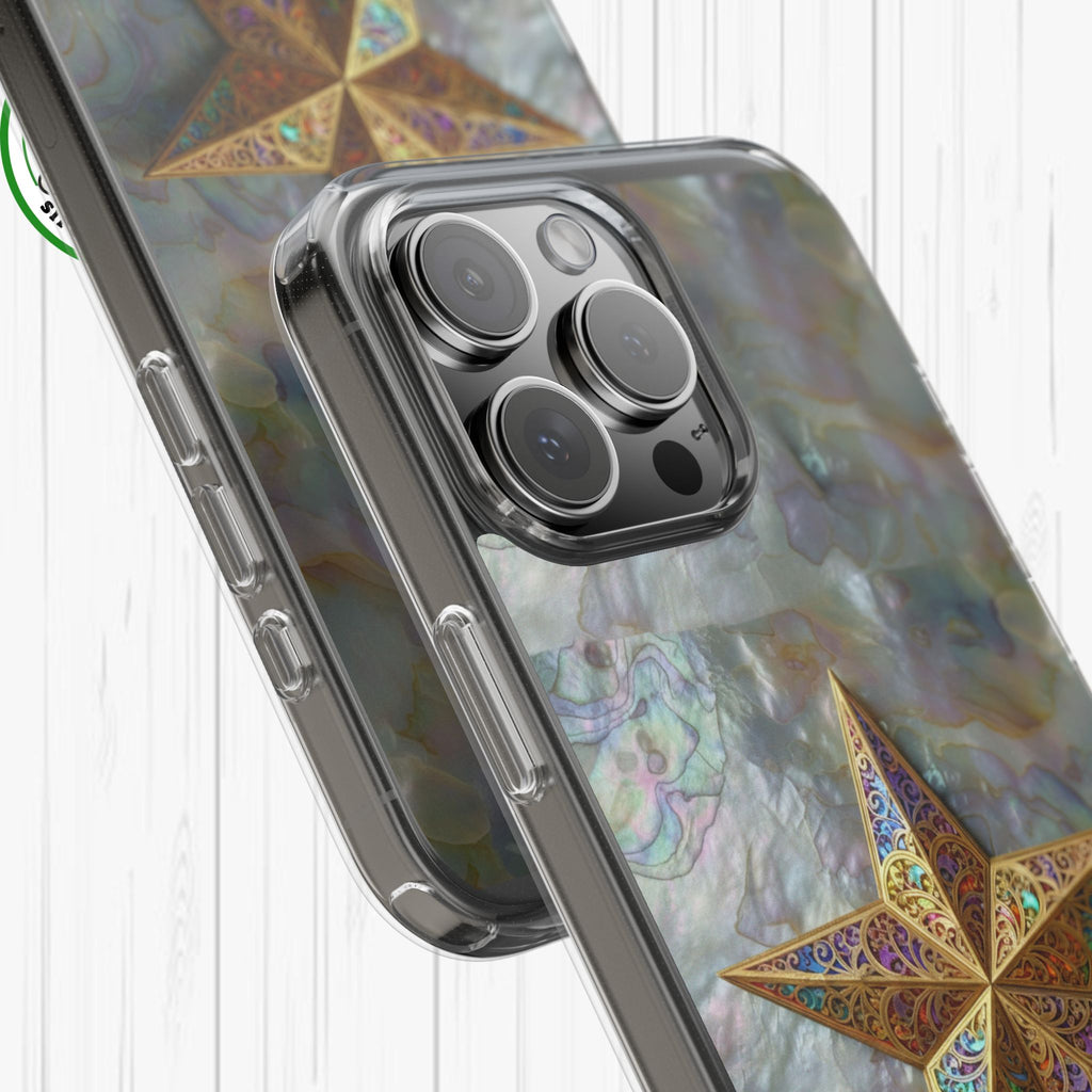 Golden Star Ornament Phone Case Mother of Pearl Background Nacre Texture Festive Celestial Decor Parol Inspired Shimmering Pearl Shell Gift