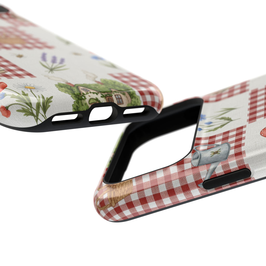 Red Gingham Check Phone Case Rustic Farmhouse Theme Watercolor Countryside Print Whimsical Floral Cell Phone Cover