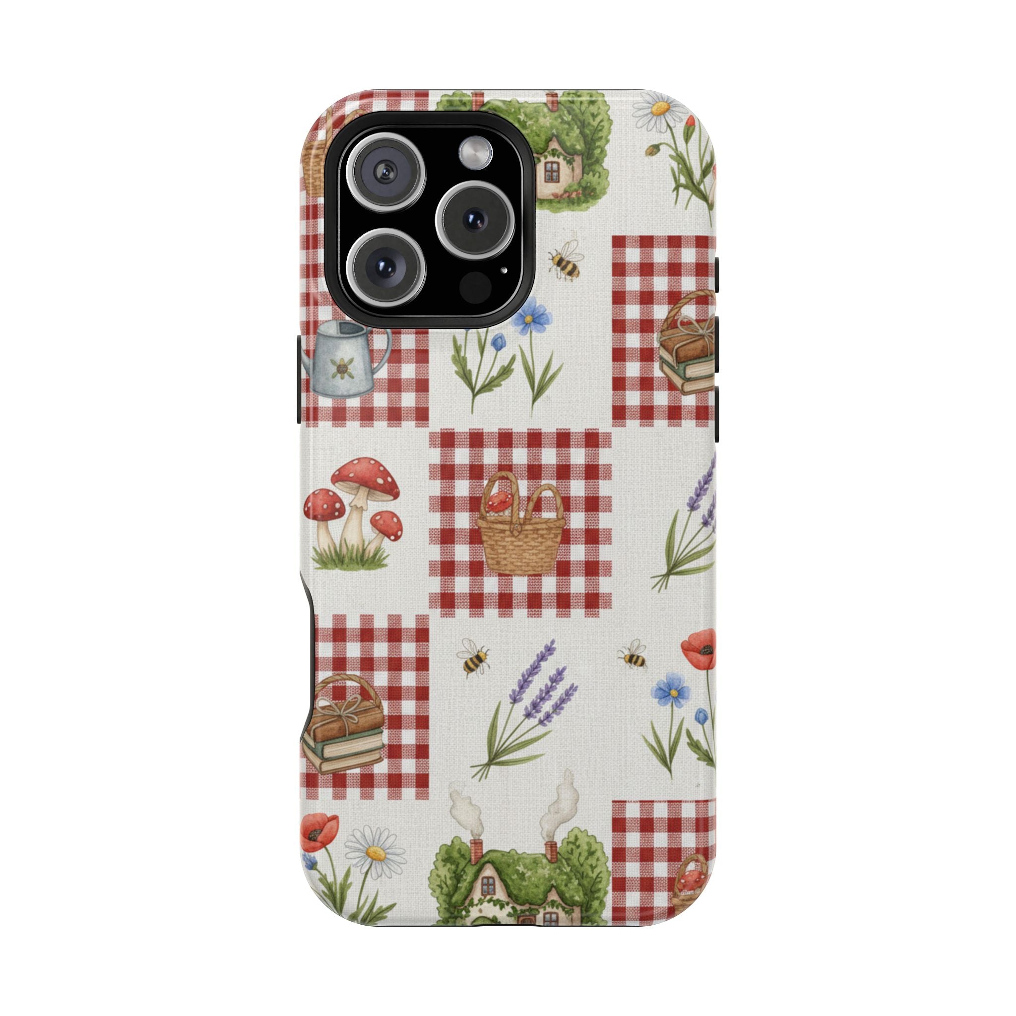 Red Gingham Check Phone Case Rustic Farmhouse Theme Watercolor Countryside Print Whimsical Floral Cell Phone Cover