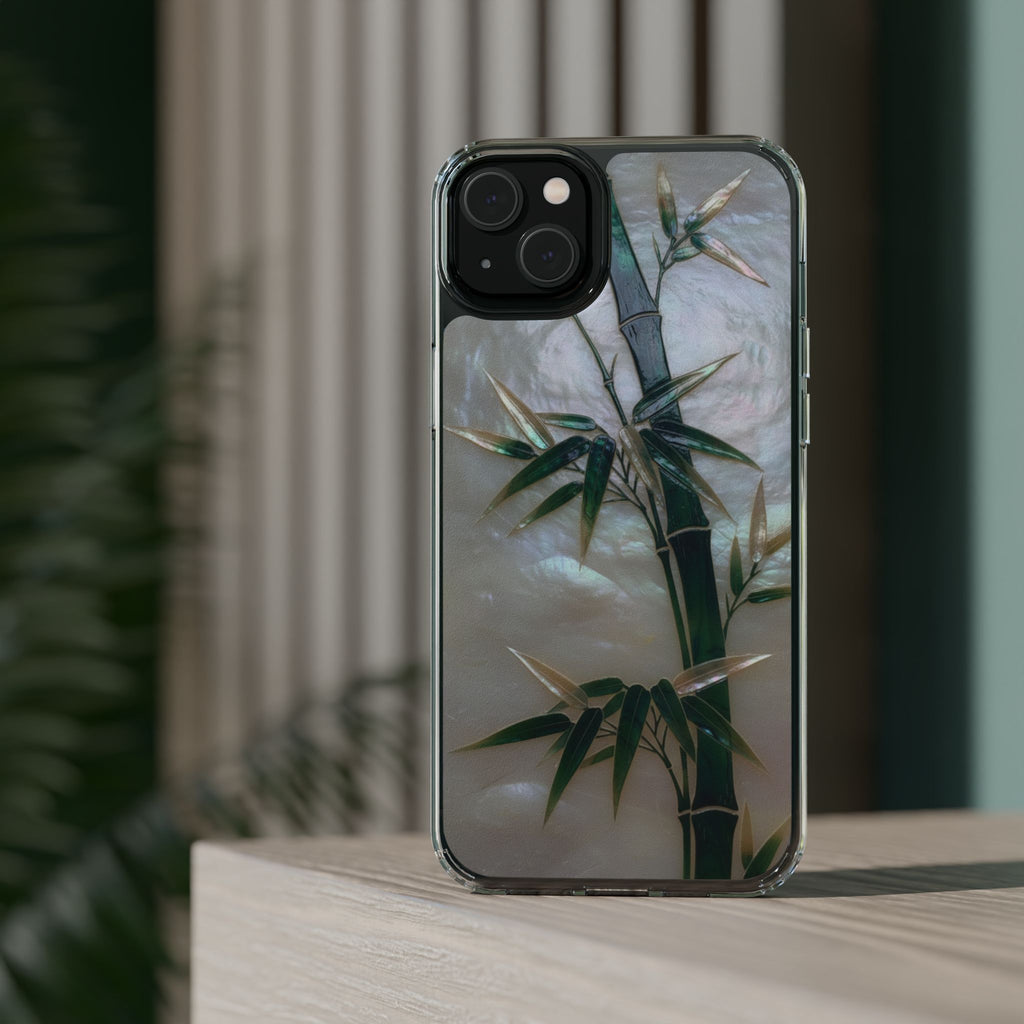 Mother of Pearl Inlay Bamboo Phone Case Nacre Art Green Bamboo Decor Handmade Pearl Shell Unique Iridescent Cover Natural Gift Idea