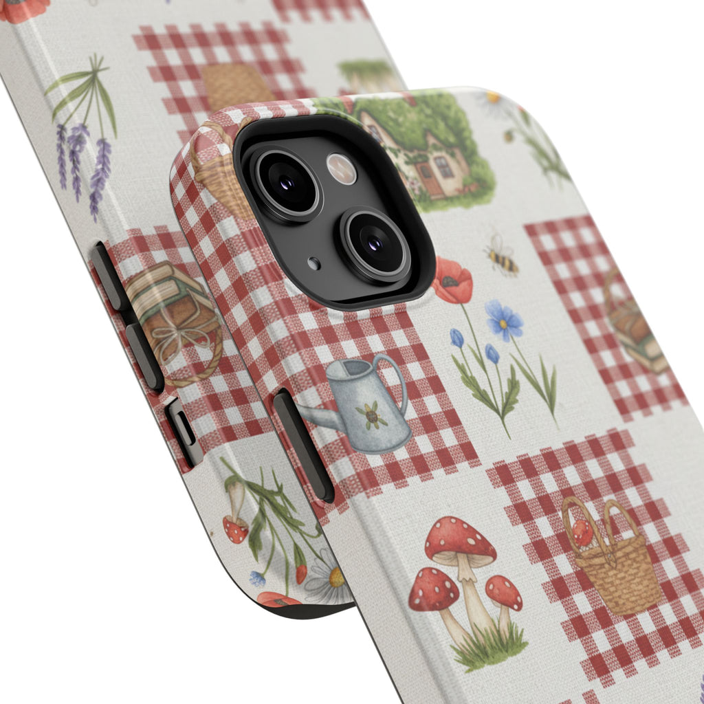 Red Gingham Check Phone Case Rustic Farmhouse Theme Watercolor Countryside Print Whimsical Floral Cell Phone Cover