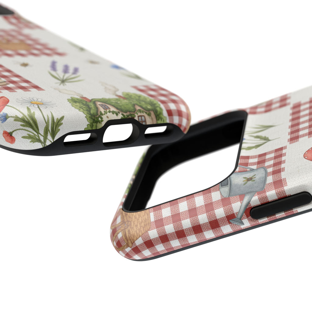 Red Gingham Check Phone Case Rustic Farmhouse Theme Watercolor Countryside Print Whimsical Floral Cell Phone Cover