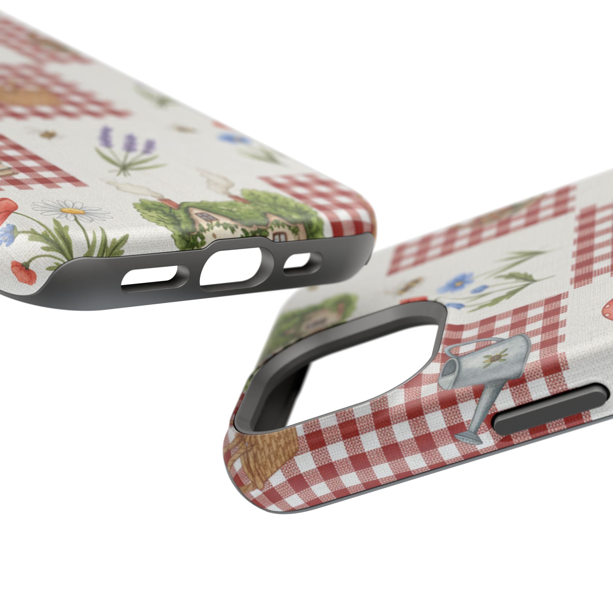 Red Gingham Check Phone Case Rustic Farmhouse Theme Watercolor Countryside Print Whimsical Floral Cell Phone Cover