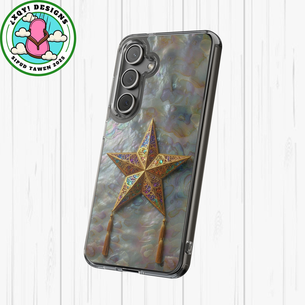 Golden Star Ornament Phone Case Mother of Pearl Background Nacre Texture Festive Celestial Decor Parol Inspired Shimmering Pearl Shell Gift