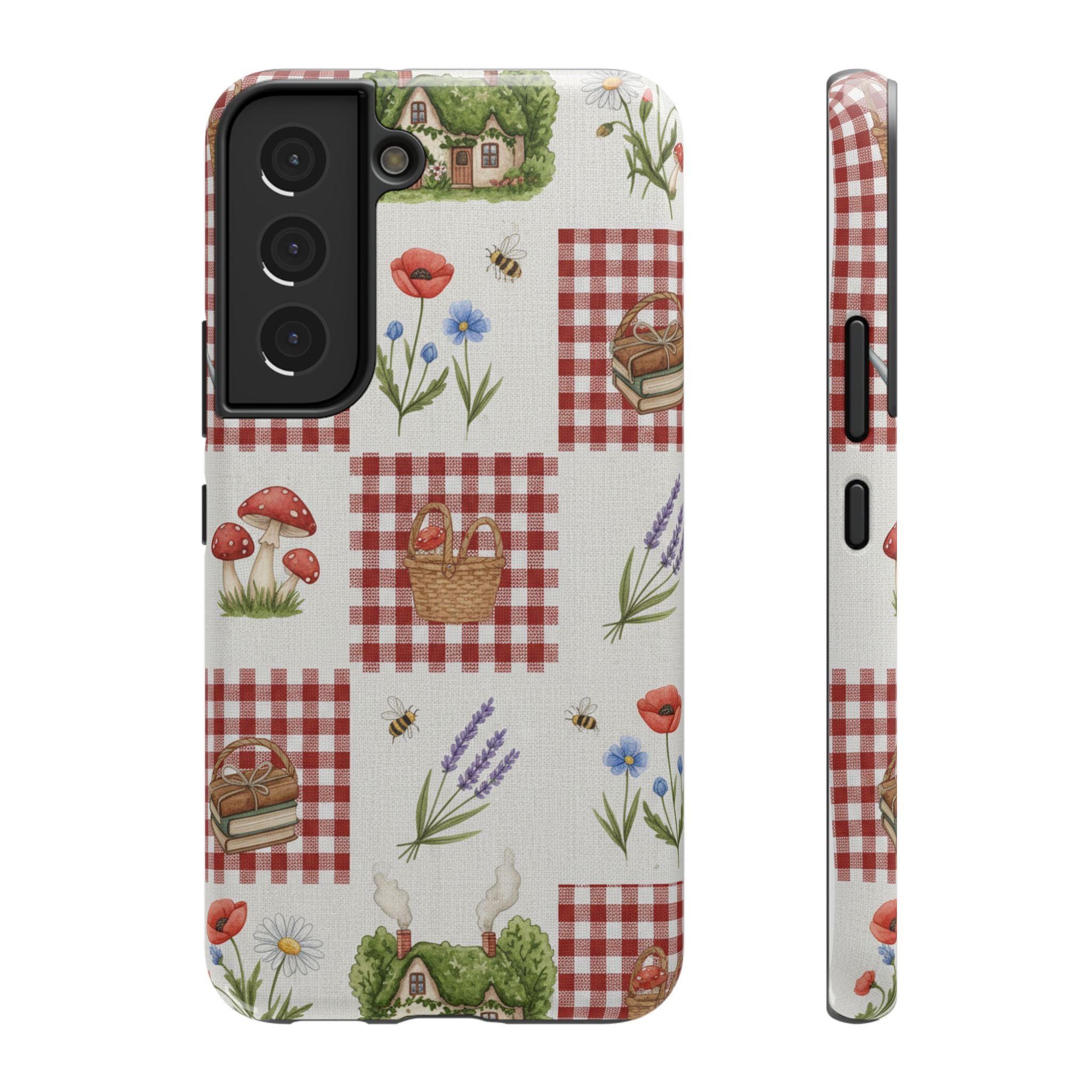 Red Gingham Check Phone Case Rustic Farmhouse Theme Watercolor Countryside Print Whimsical Floral Cell Phone Cover