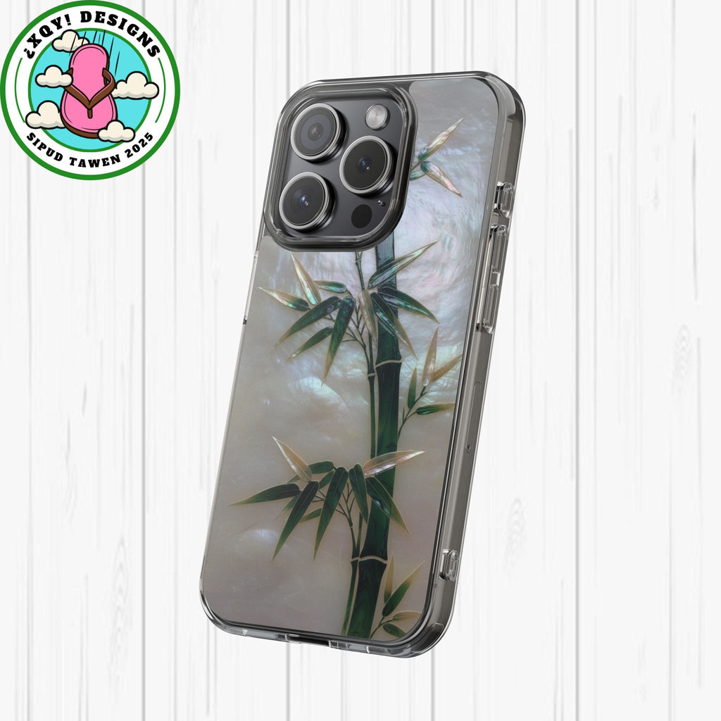 Mother of Pearl Inlay Bamboo Phone Case Nacre Art Green Bamboo Decor Handmade Pearl Shell Unique Iridescent Cover Natural Gift Idea