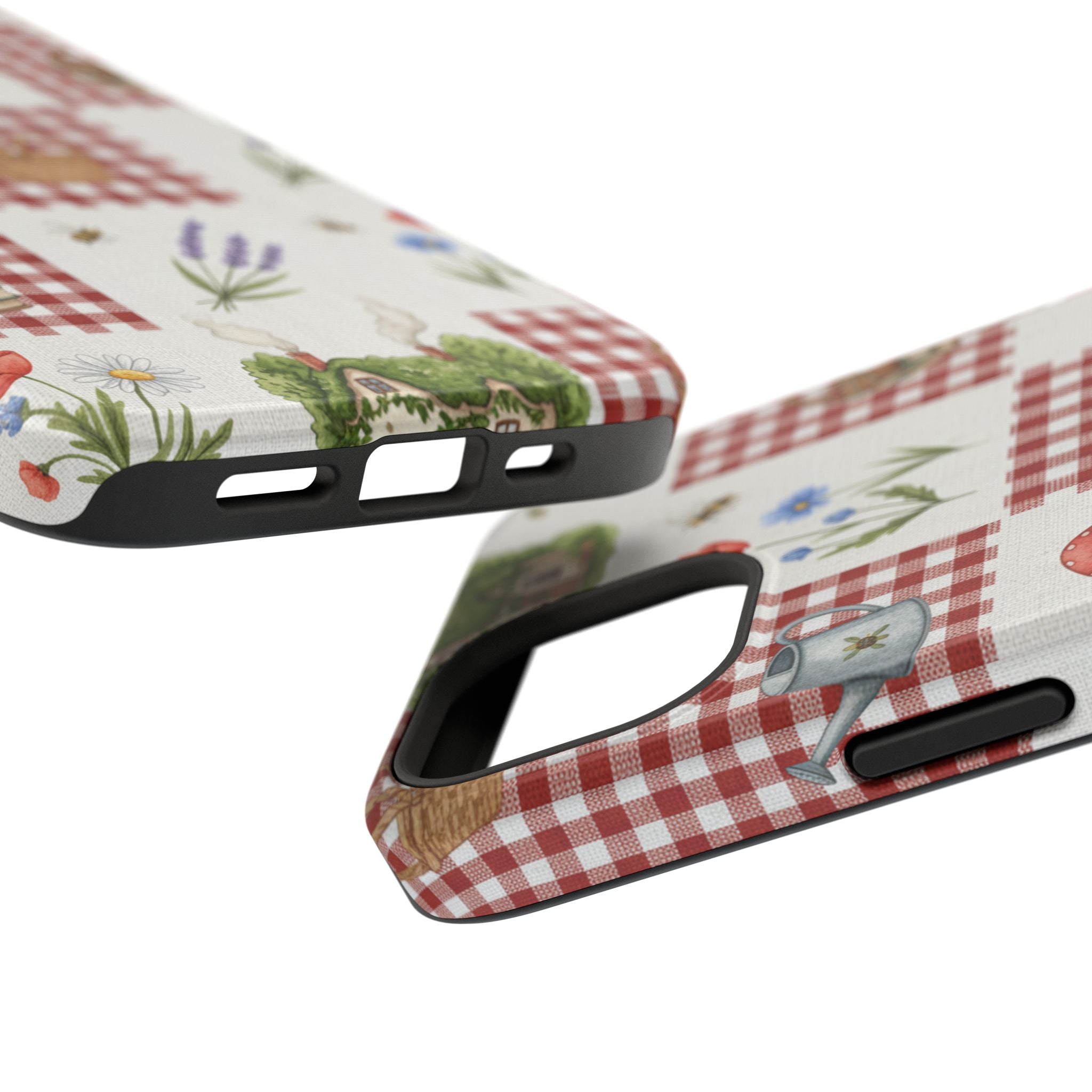 Red Gingham Check Phone Case Rustic Farmhouse Theme Watercolor Countryside Print Whimsical Floral Cell Phone Cover