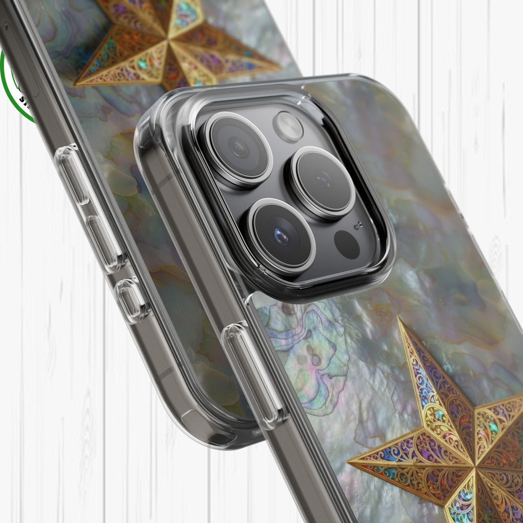 Golden Star Ornament Phone Case Mother of Pearl Background Nacre Texture Festive Celestial Decor Parol Inspired Shimmering Pearl Shell Gift