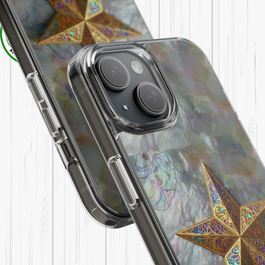 Golden Star Ornament Phone Case Mother of Pearl Background Nacre Texture Festive Celestial Decor Parol Inspired Shimmering Pearl Shell Gift