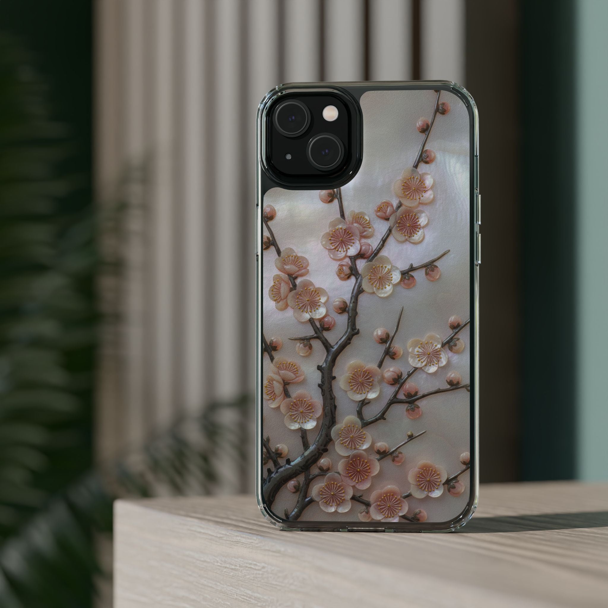 Mother of Pearl Plum Blossom Art Phone Case Nacre Flower Wall Decor Design Iridescent Shell Art Inlay Shimmering Spring Panel Floral Cover