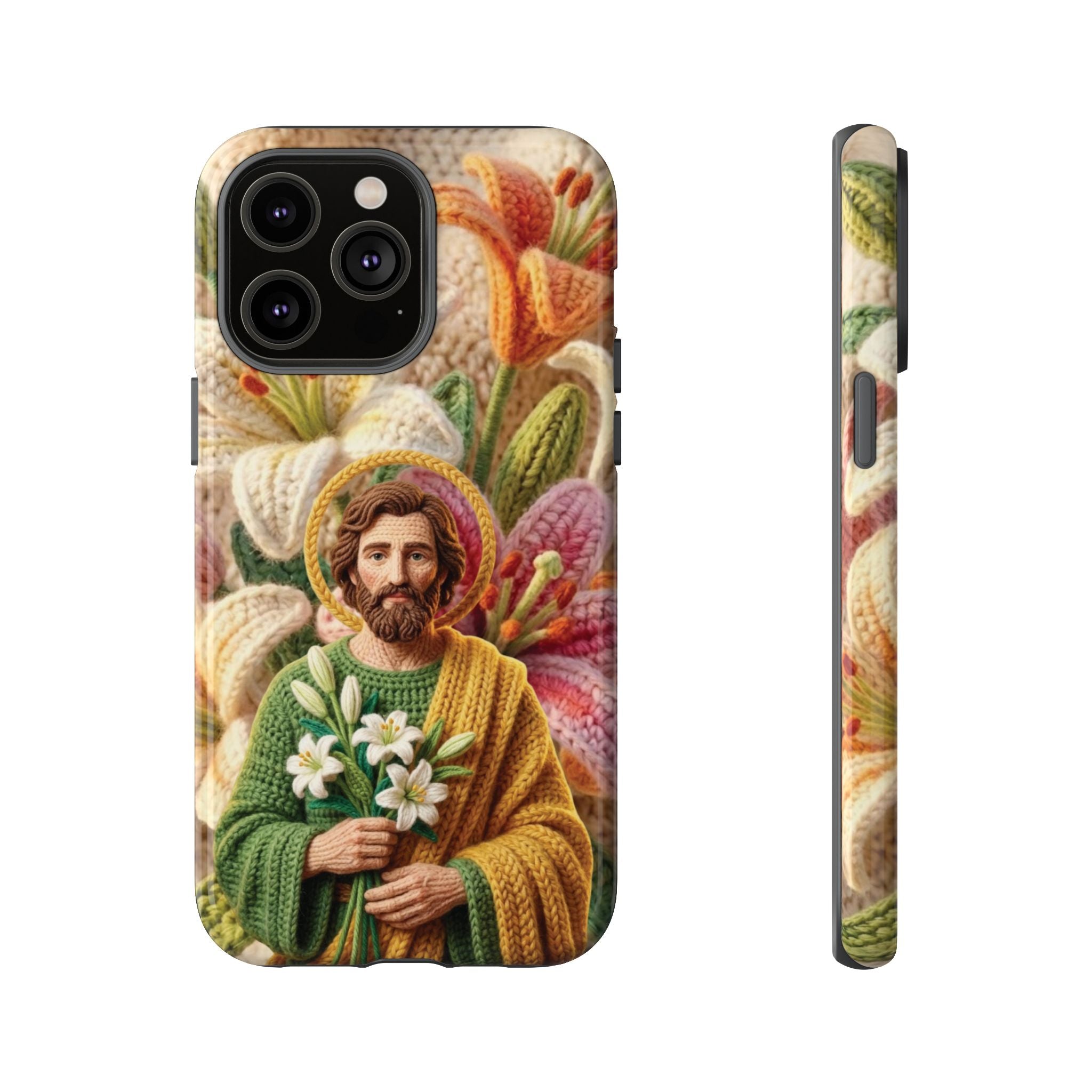 Phone Case Saint Joseph Lilies Design Holy Figure Phone Cover Faith Based Faux Yarn Saint of Workers Gift Samsung iPhone Pixel Models