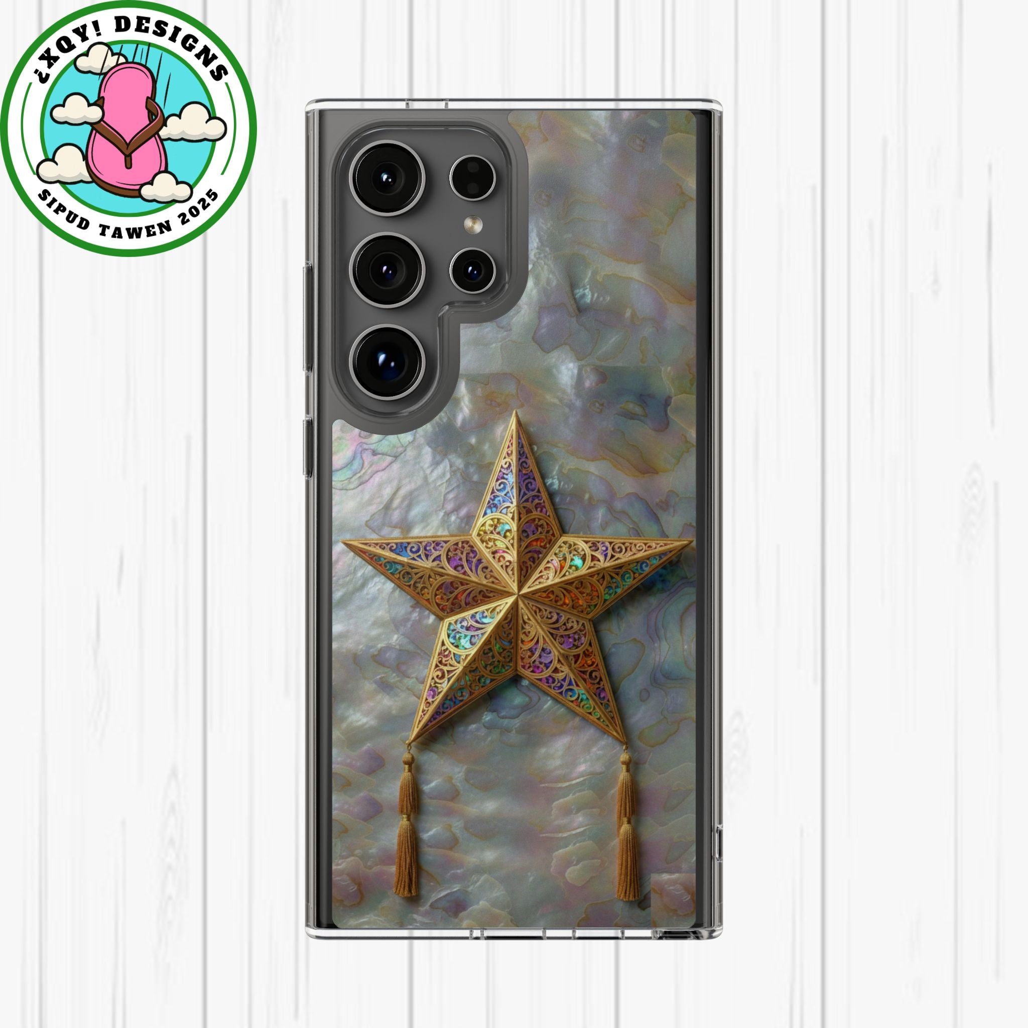 Golden Star Ornament Phone Case Mother of Pearl Background Nacre Texture Festive Celestial Decor Parol Inspired Shimmering Pearl Shell Gift