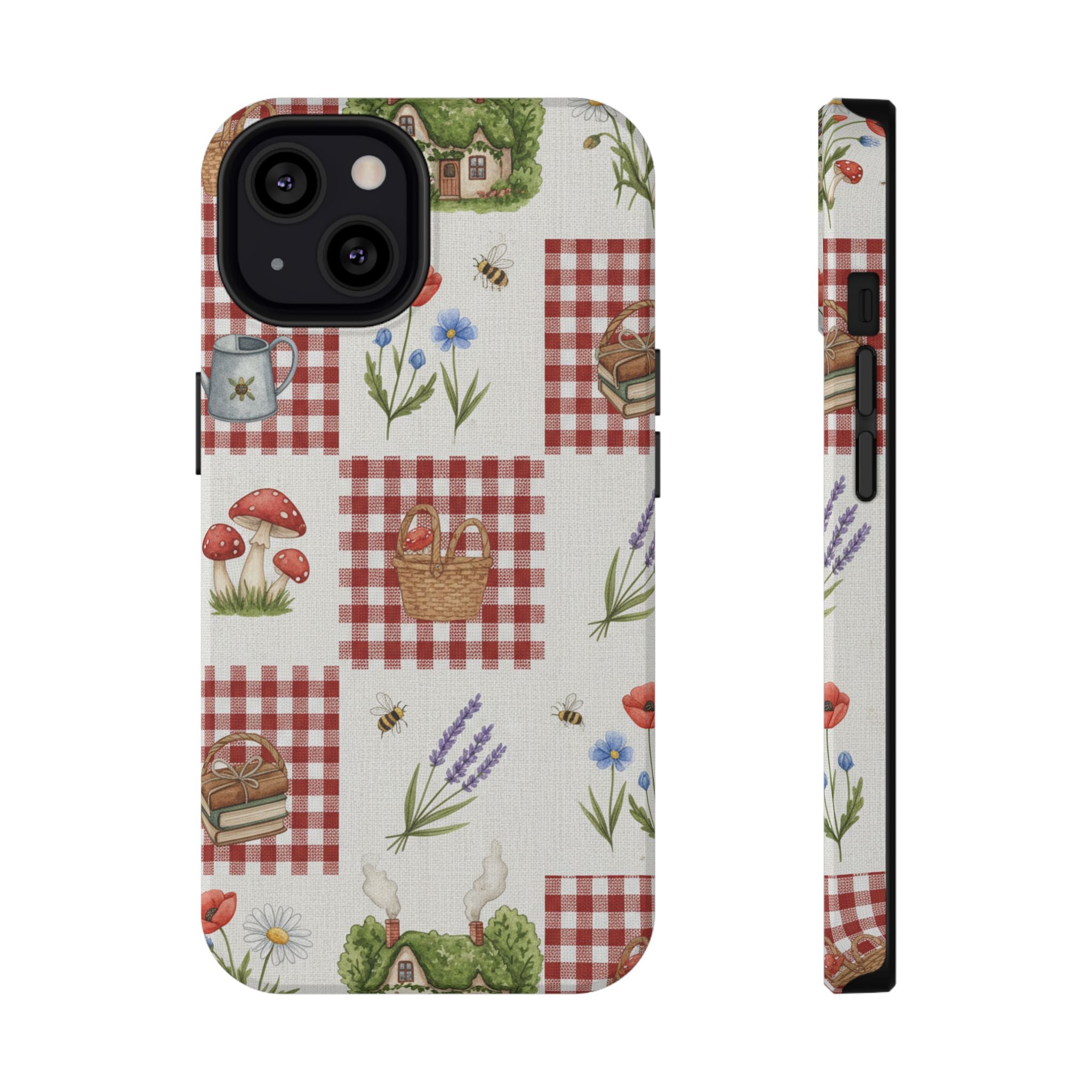 Red Gingham Check Phone Case Rustic Farmhouse Theme Watercolor Countryside Print Whimsical Floral Cell Phone Cover