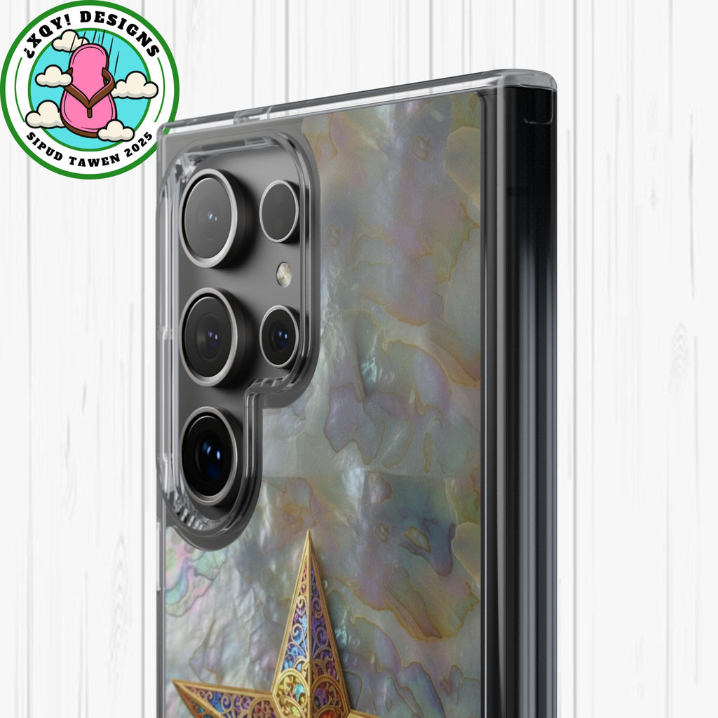 Golden Star Ornament Phone Case Mother of Pearl Background Nacre Texture Festive Celestial Decor Parol Inspired Shimmering Pearl Shell Gift