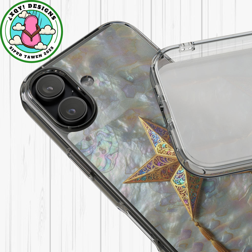 Golden Star Ornament Phone Case Mother of Pearl Background Nacre Texture Festive Celestial Decor Parol Inspired Shimmering Pearl Shell Gift