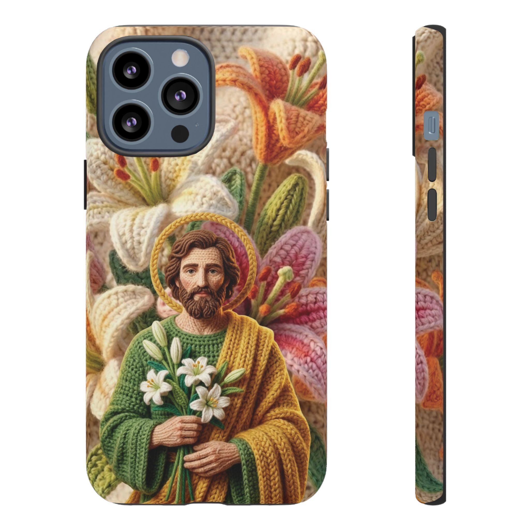 Phone Case Saint Joseph Lilies Design Holy Figure Phone Cover Faith Based Faux Yarn Saint of Workers Gift Samsung iPhone Pixel Models