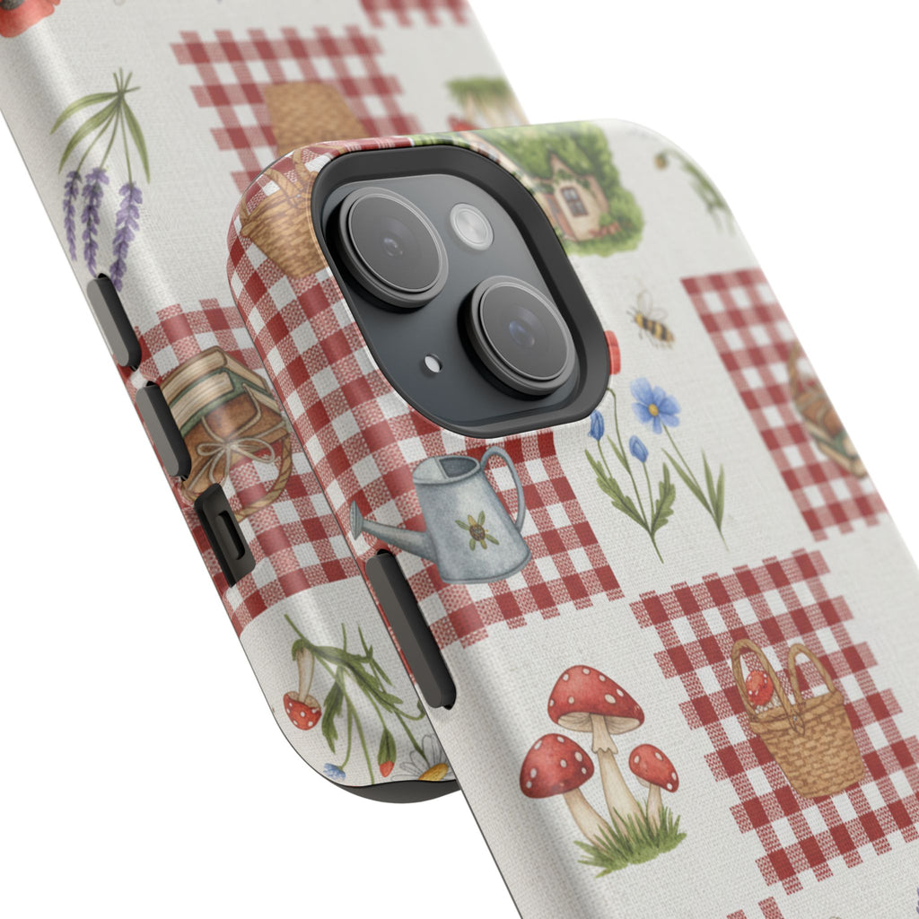 Red Gingham Check Phone Case Rustic Farmhouse Theme Watercolor Countryside Print Whimsical Floral Cell Phone Cover