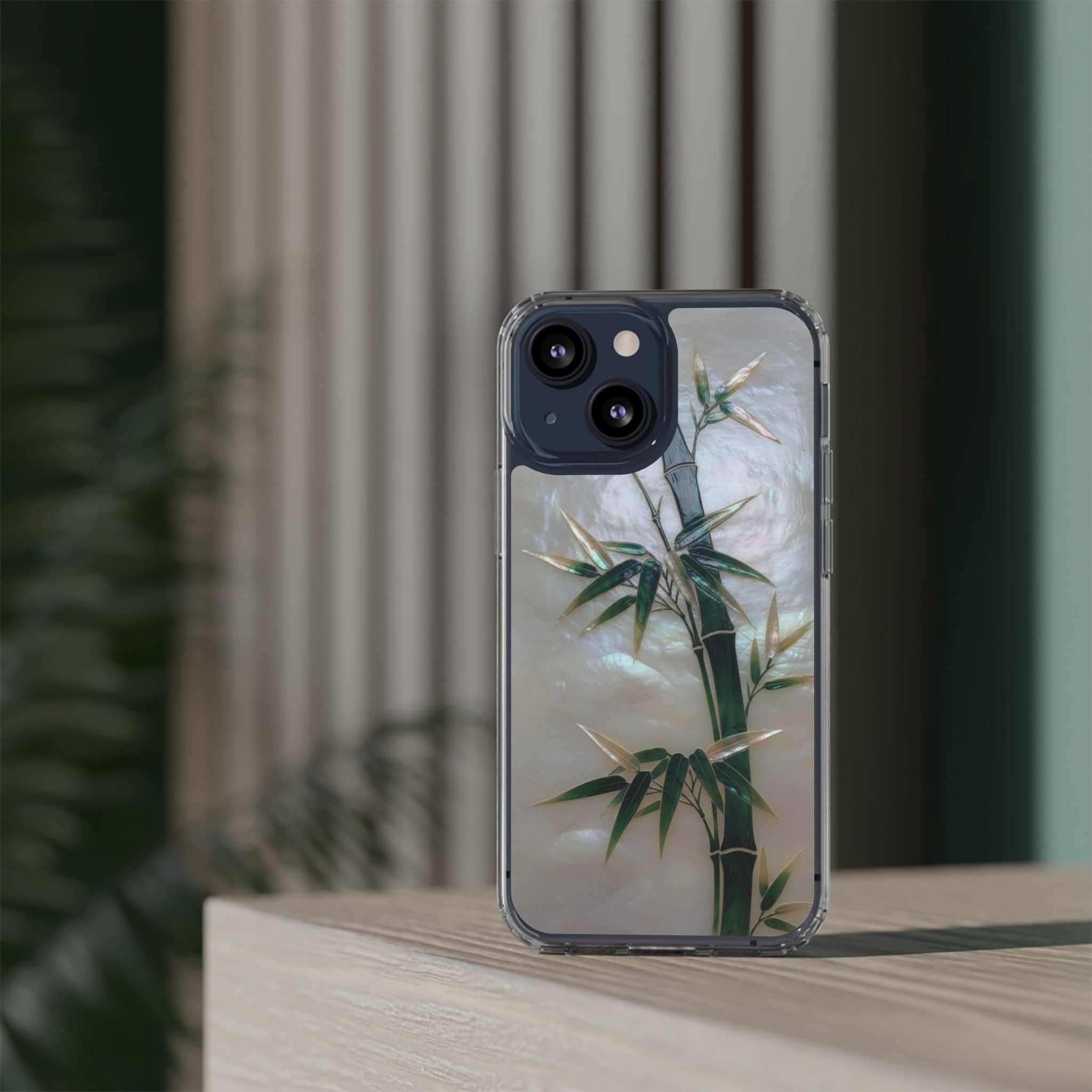 Mother of Pearl Inlay Bamboo Phone Case Nacre Art Green Bamboo Decor Handmade Pearl Shell Unique Iridescent Cover Natural Gift Idea