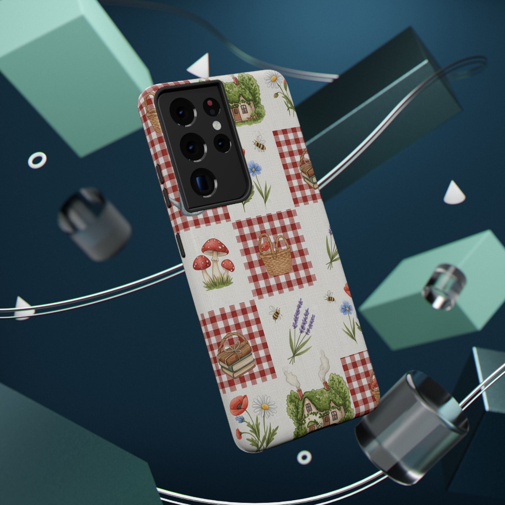 Red Gingham Check Phone Case Rustic Farmhouse Theme Watercolor Countryside Print Whimsical Floral Cell Phone Cover