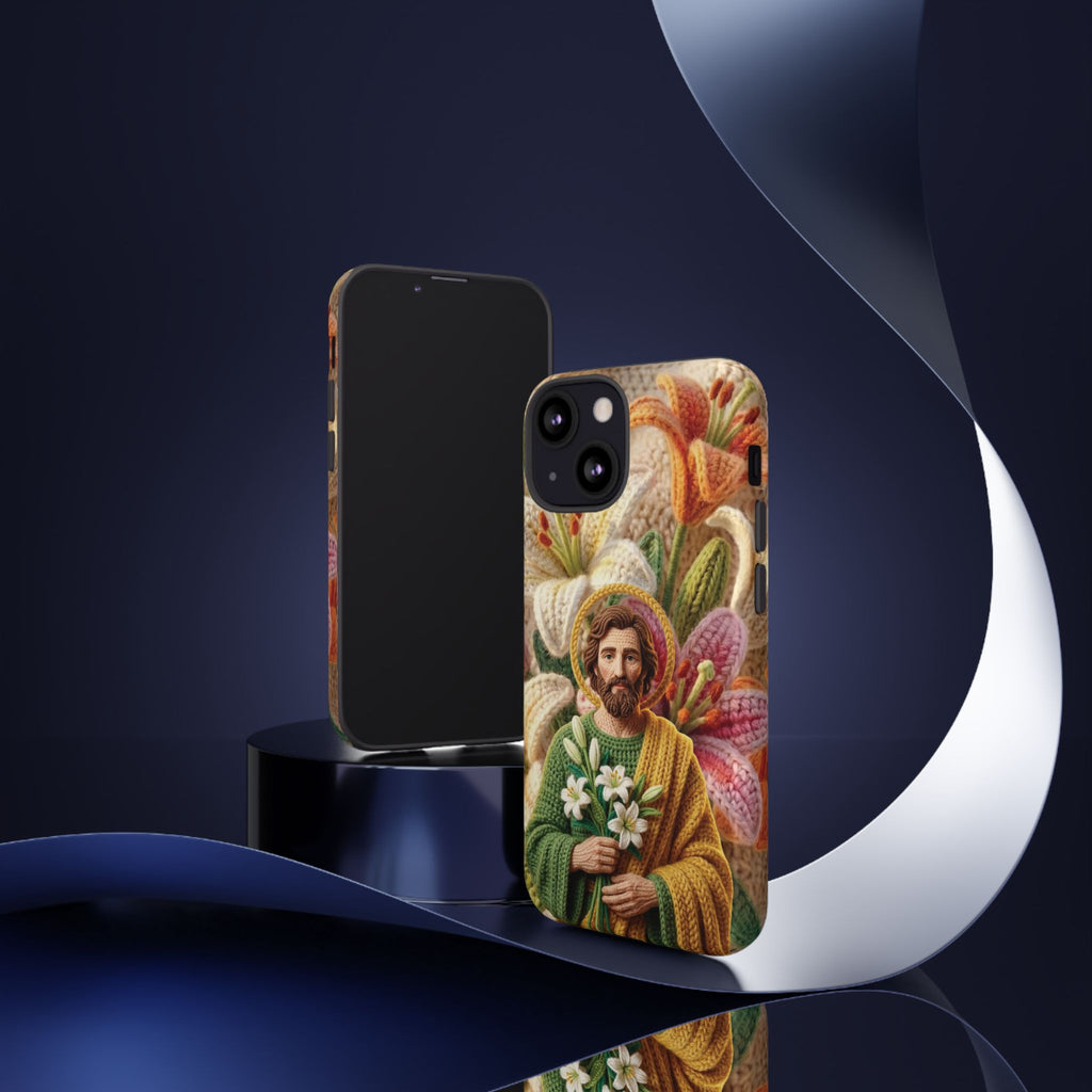 Phone Case Saint Joseph Lilies Design Holy Figure Phone Cover Faith Based Faux Yarn Saint of Workers Gift Samsung iPhone Pixel Models