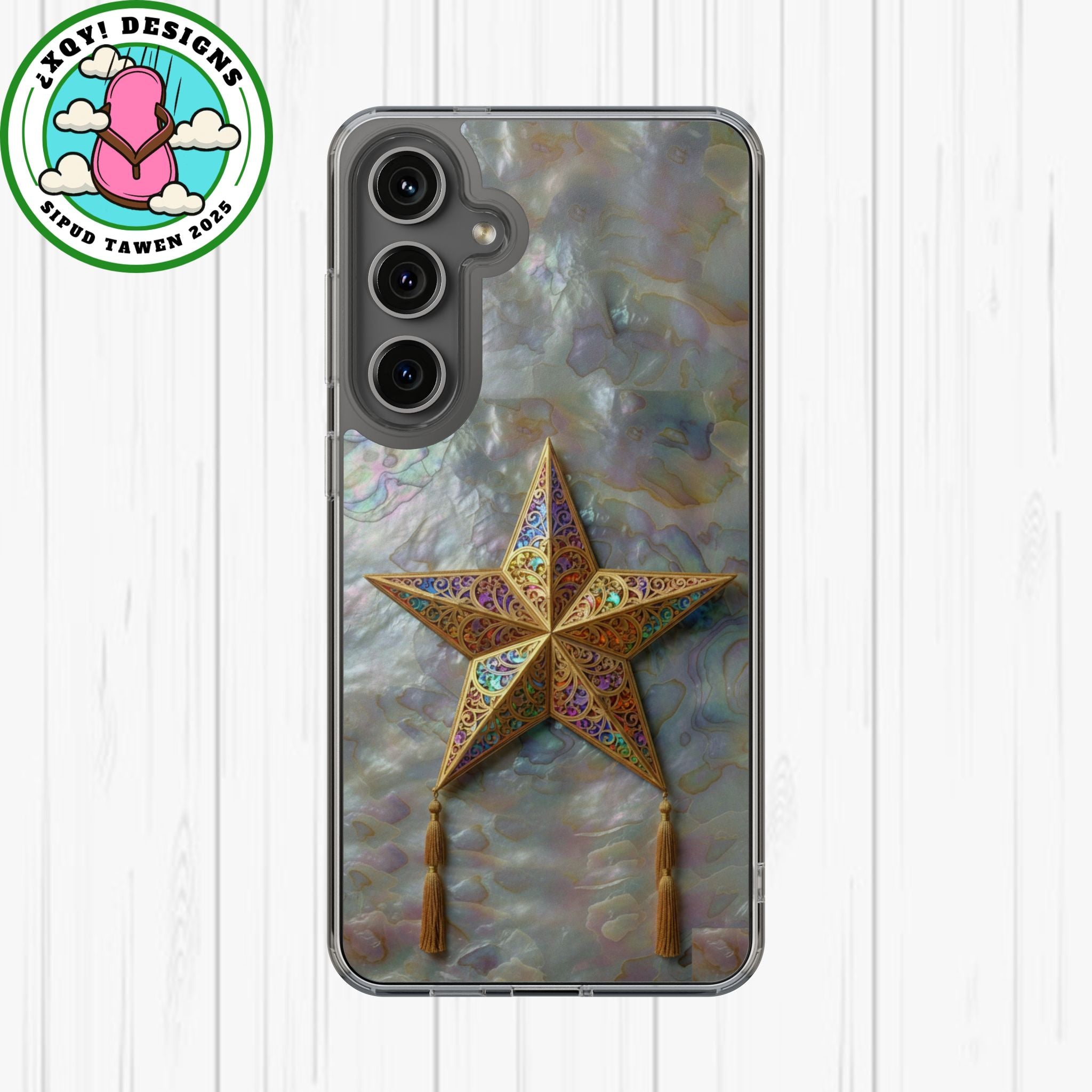 Golden Star Ornament Phone Case Mother of Pearl Background Nacre Texture Festive Celestial Decor Parol Inspired Shimmering Pearl Shell Gift