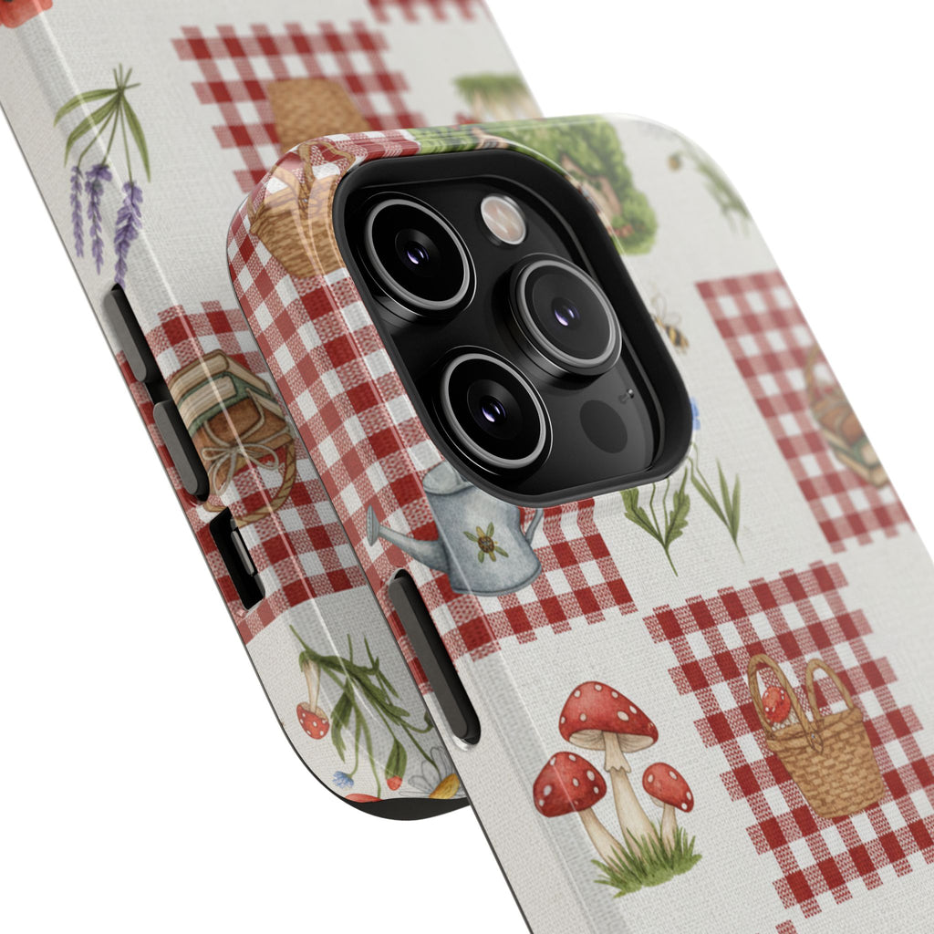 Red Gingham Check Phone Case Rustic Farmhouse Theme Watercolor Countryside Print Whimsical Floral Cell Phone Cover